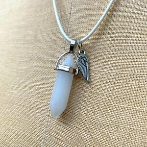 Handmade Milky White Resin Dagger Crystal Amulet Necklace & Angel Wing Charm